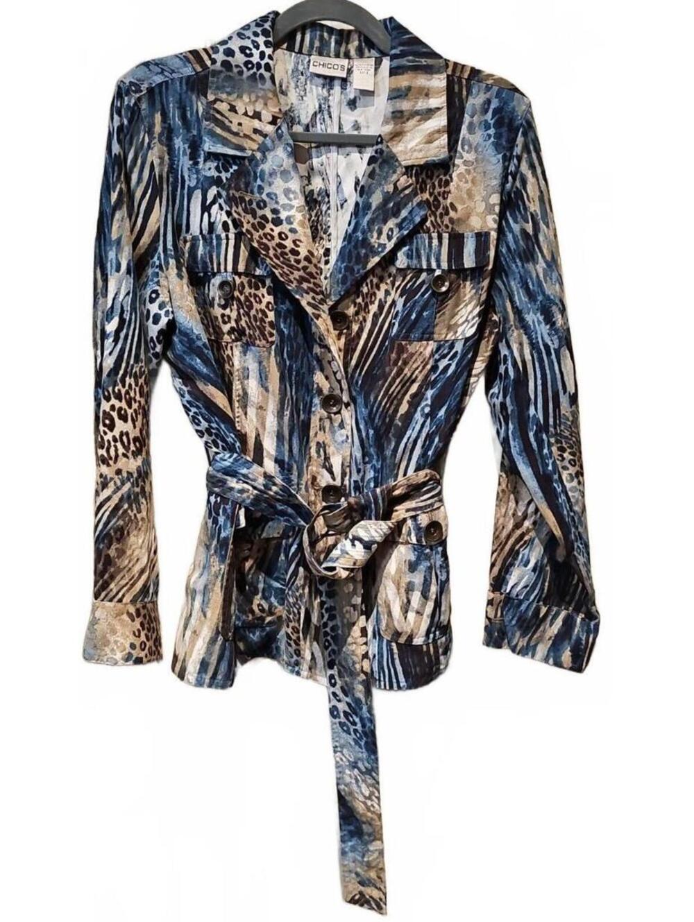 Chico's Shacket Womens Size 2 (12 Or L)Blue Beige Animal Print Belted Microfiber